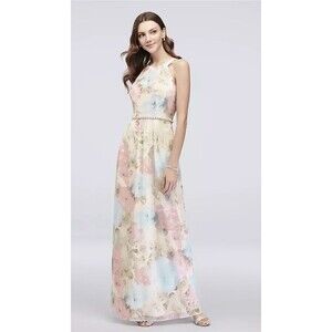 Women's Floral Chiffon Maxi Dress w/ Beaded Waist Sz 16 Formal Wedding Summer